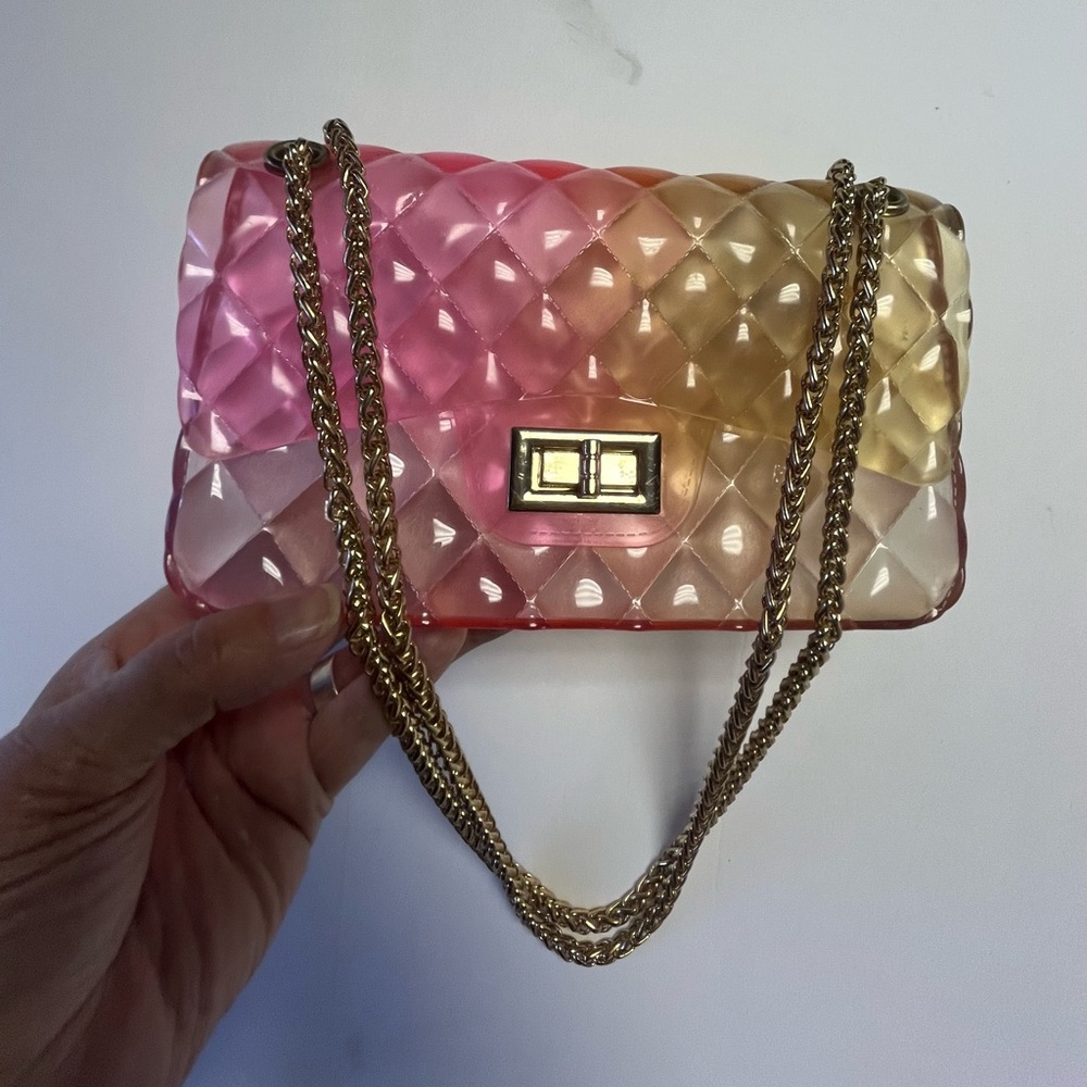 Jelly Crossbody Bag Pink Yellow Jelly Handbag Round Gold crossbody chain - Picture 1 of 6